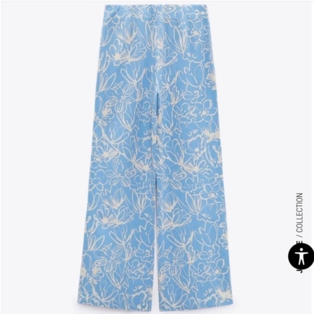 New Zara Full Length Floral Linen Blend High Waisted Blue/White Pants NWT Small